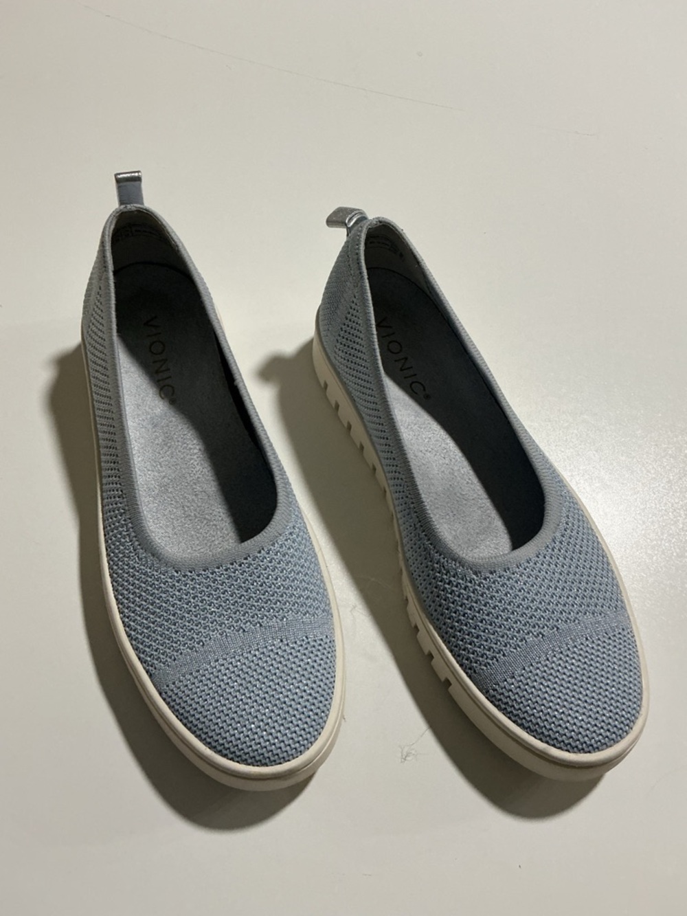 Vionic Light blue shimmering Knit Slip-On Flats with White Sole